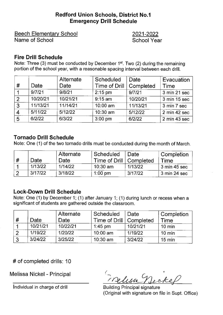 Emergency Drills Beech Elementary School Redford Union Schools